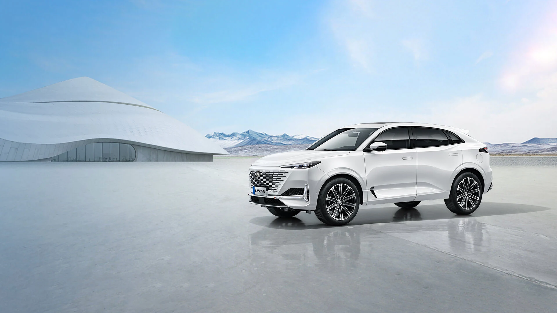 Changan UNI-K petrol SUV front three-quarter exterior in white