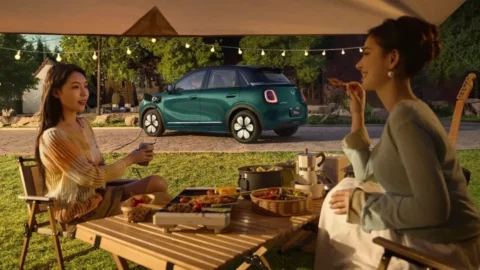 Green Wuling Bingo Pro at an outdoor campsite, rear side view