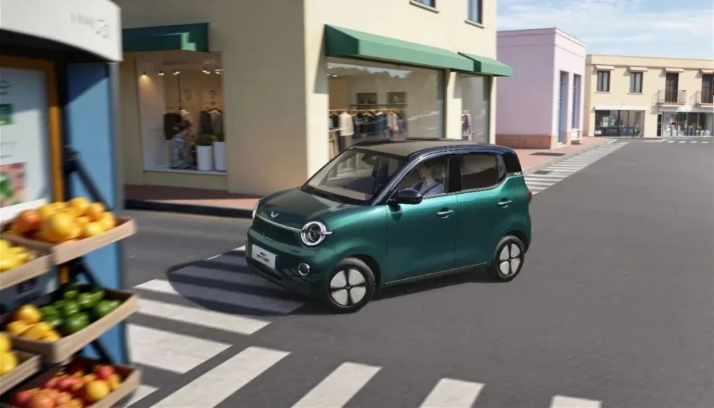 Green fifth-generation Wuling Hongguang MINIEV driving through a city street